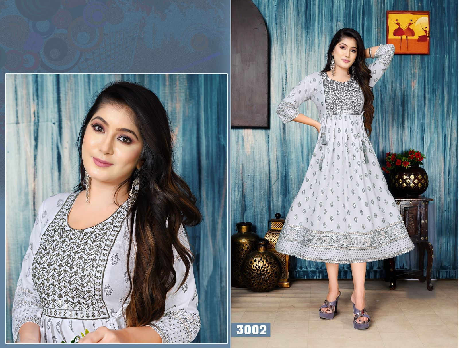 Golden White Floral Printed  Anarakli Kurtis Catalog
